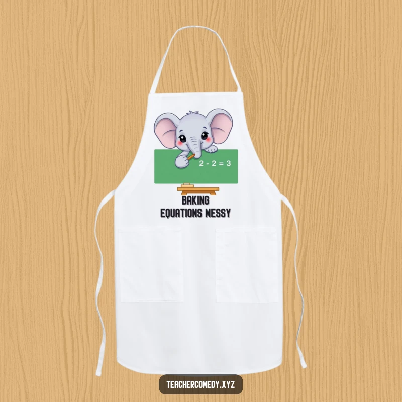 Funny elephant apron showing a smiling elephant pointing to a math equation, ideal for cooking, baking, or kitchen fun.