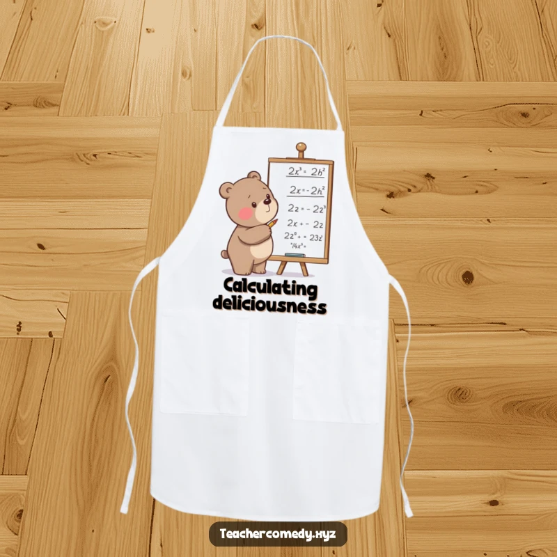 Funny apron with a determined bear scribbling equations on a whiteboard, perfect for adding humor to cooking and baking activities.