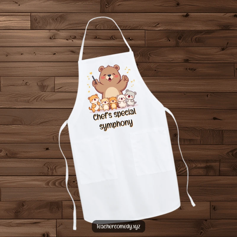 Funny apron showcasing a determined bear leading small animals in song, ideal for keeping clothes clean during musical kitchen endeavors.