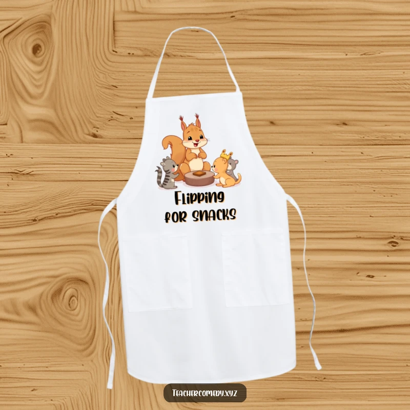 Funny squirrel apron showing a cheerful squirrel teaching younger animals a game, perfect for cooking, baking, or kitchen play.