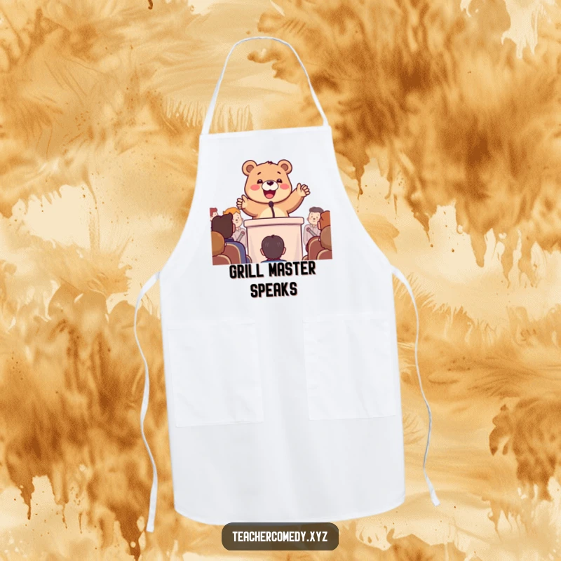 Funny apron with a happy bear enthusiastically gesturing at a podium, ready for humorous kitchen presentations.