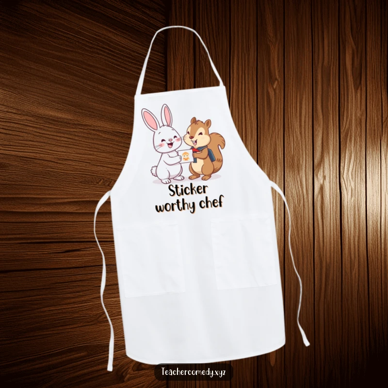 Funny apron with a cheerful bunny giving a sticker to a focused student squirrel, ideal for adding humor to cooking and baking activities.