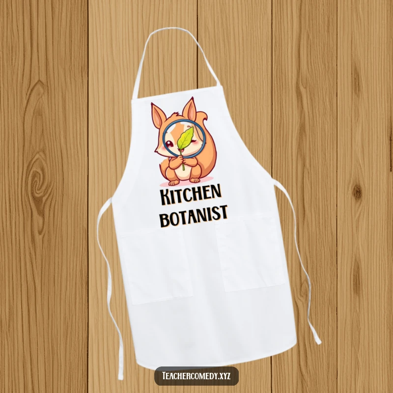 Funny apron designed with a curious squirrel examining a magnified leaf with glee, perfect for a humorous kitchen and nature enthusiasts.