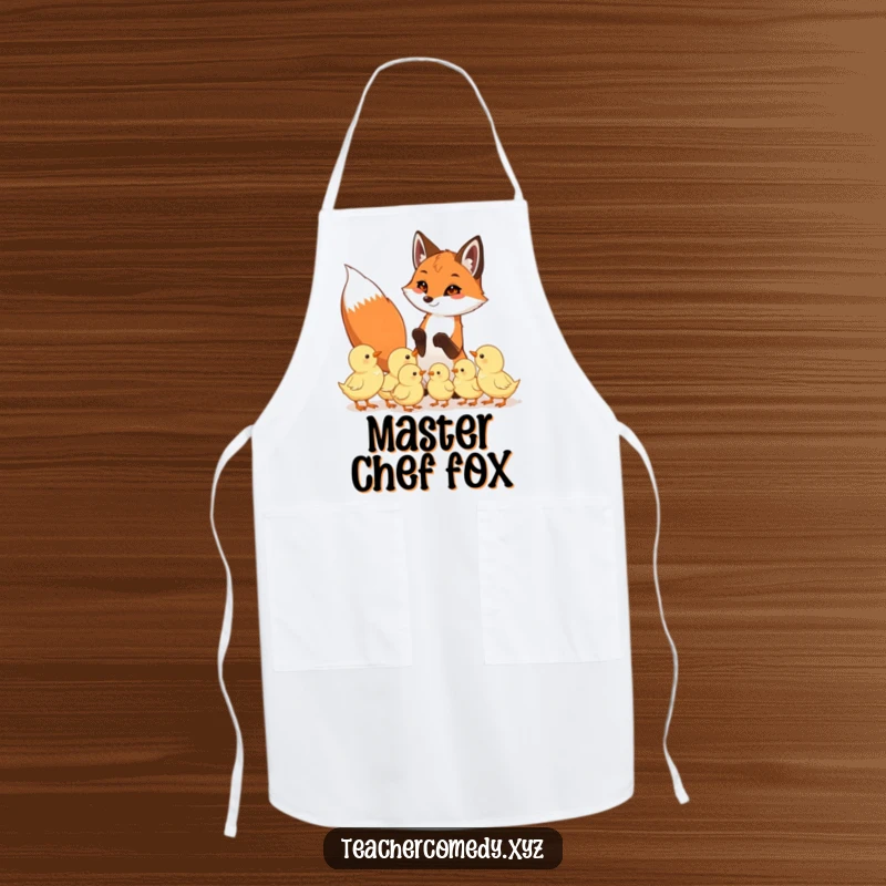 Funny apron with a playful fox teaching eager chicks, perfect for adding humor and charm to cooking and baking activities.