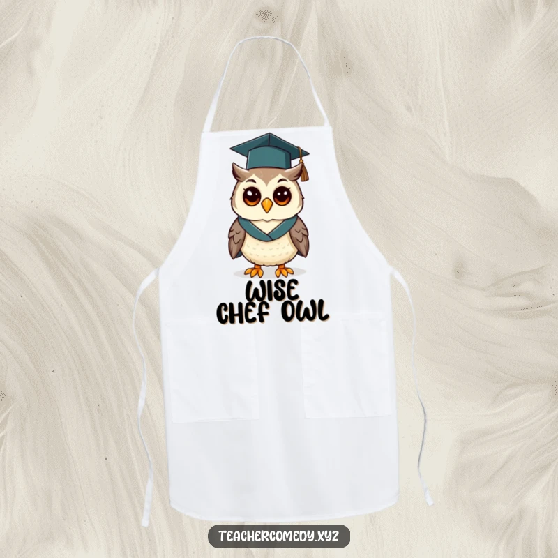 Funny apron featuring a cheerful owl wearing a graduation cap and gown, designed for cooks with a sense of humor.