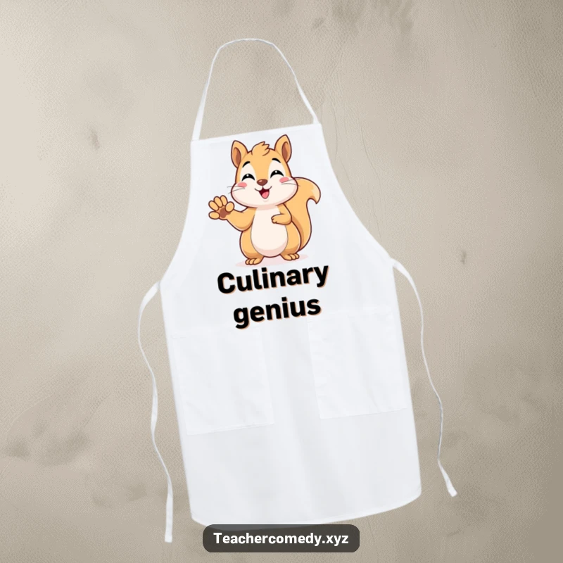 Funny kawaii squirrel raising its paw to answer, bringing cleverness and humor to any kitchen, a practical apron.
