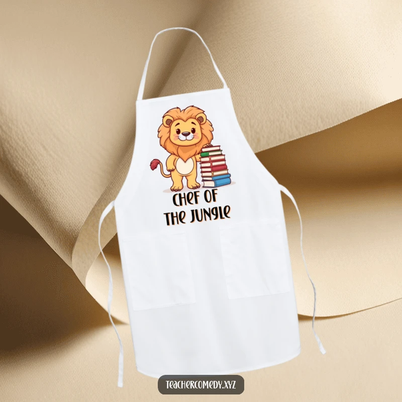Funny apron designed with a proud lion character and a stack of books, perfect for a humorous kitchen and literary chefs.