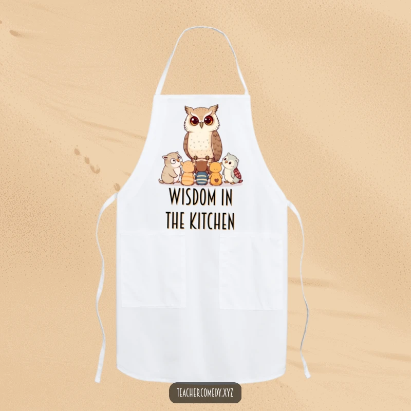 Funny apron showing a wise owl whispering culinary advice to young critters, symbolizing the passing down of kitchen wisdom.