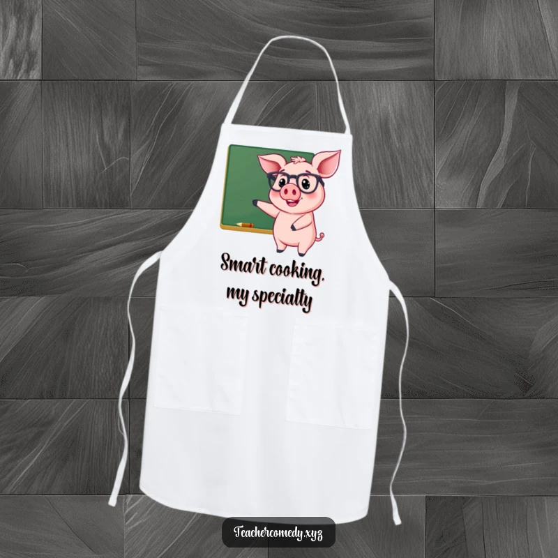Funny apron with a cheerful pig wearing glasses, smiling and pointing at a chalkboard, perfect for a humorous and educational kitchen.