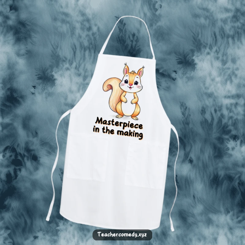 Funny apron with a playful squirrel drawing with a crayon on a large paper, bringing humorous artistic flair to the kitchen.
