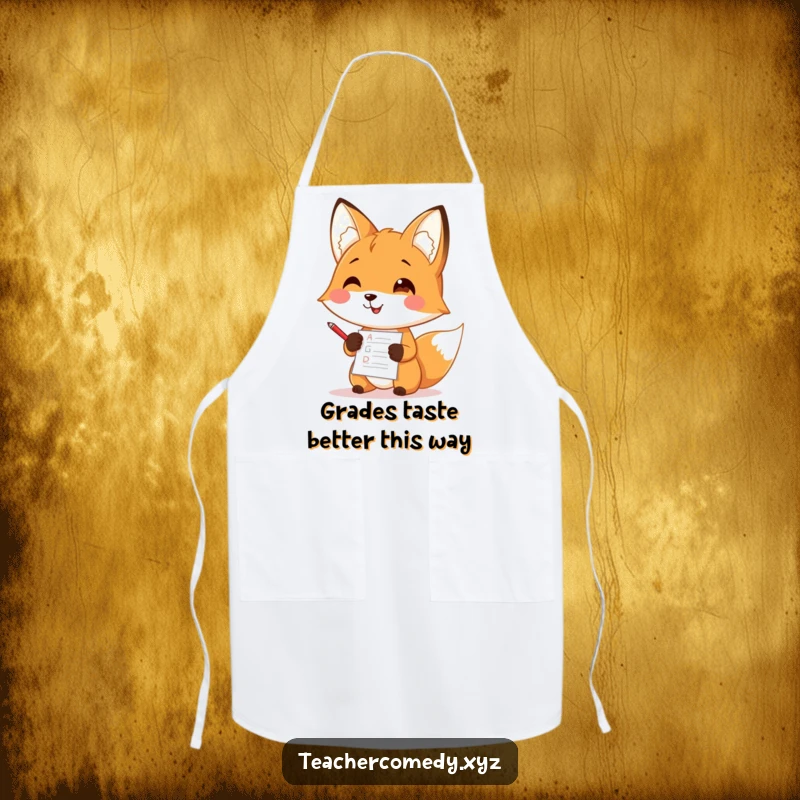 Funny apron with a smiling fox character, wearing a chef hat and grading papers with a tiny red pen.