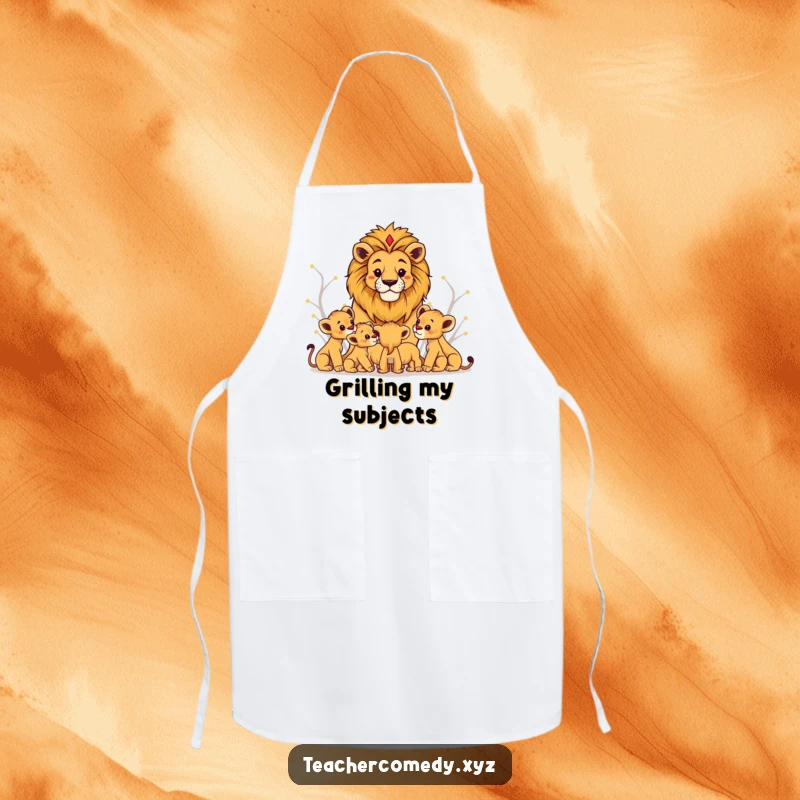 Funny lion king apron showing a regal lion teaching cubs, perfect for cooking, baking, or kitchen activities.
