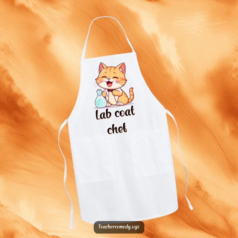 Funny apron with a giggling cat demonstrating a science experiment with a bubbling beaker, perfect for adding humor to cooking and baking.