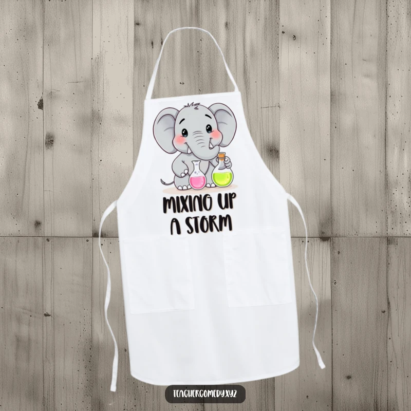 Funny apron with a smiling elephant character in a lab coat, holding a flask as if conducting a cooking experiment.