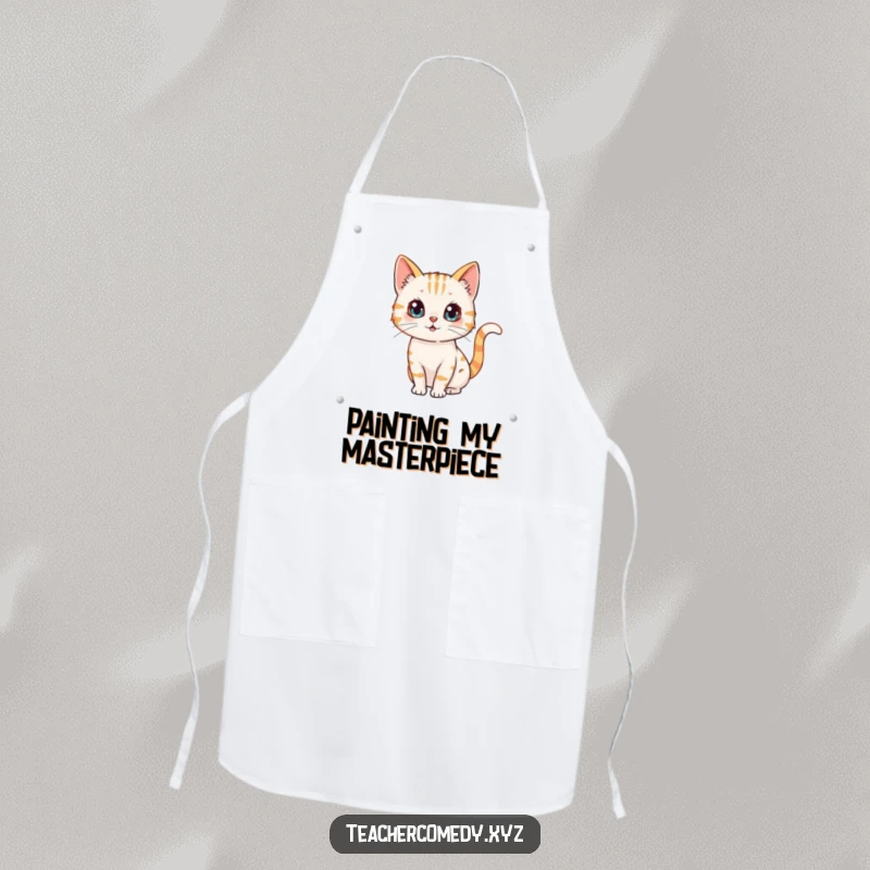 Funny apron with a curious cat character drawing on a whiteboard in a chef hat, tail wagging.