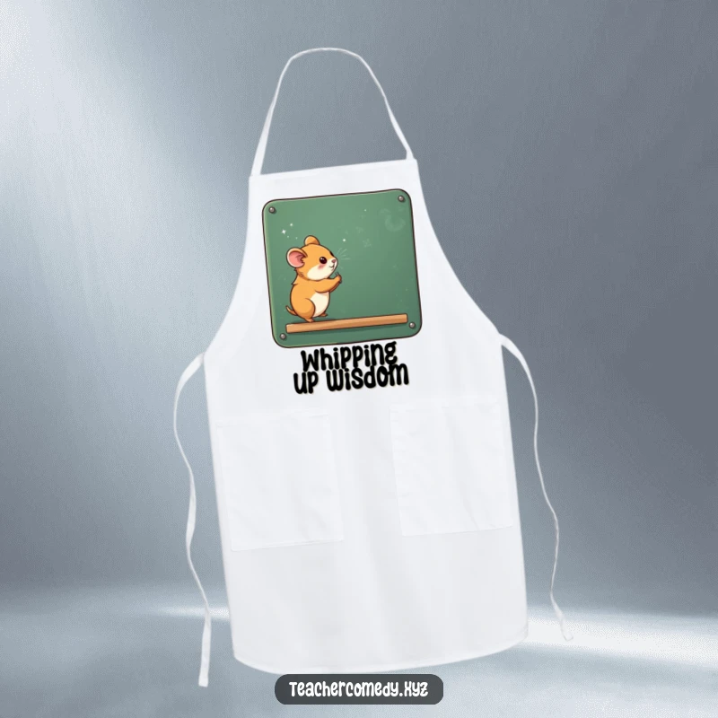 Funny hamster diligently writing notes on a large chalkboard, covered in chalk dust, on a practical and humorous kitchen apron.