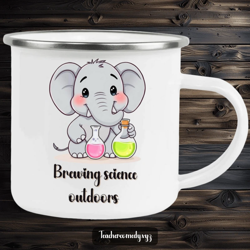 Funny enamel camping mug with a smiling elephant scientist character in a lab coat, holding a flask.