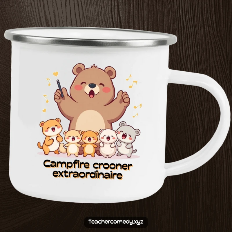 Funny determined bear leading a group of small animals in song on a sturdy camping mug, perfect for outdoor concerts or coffee.