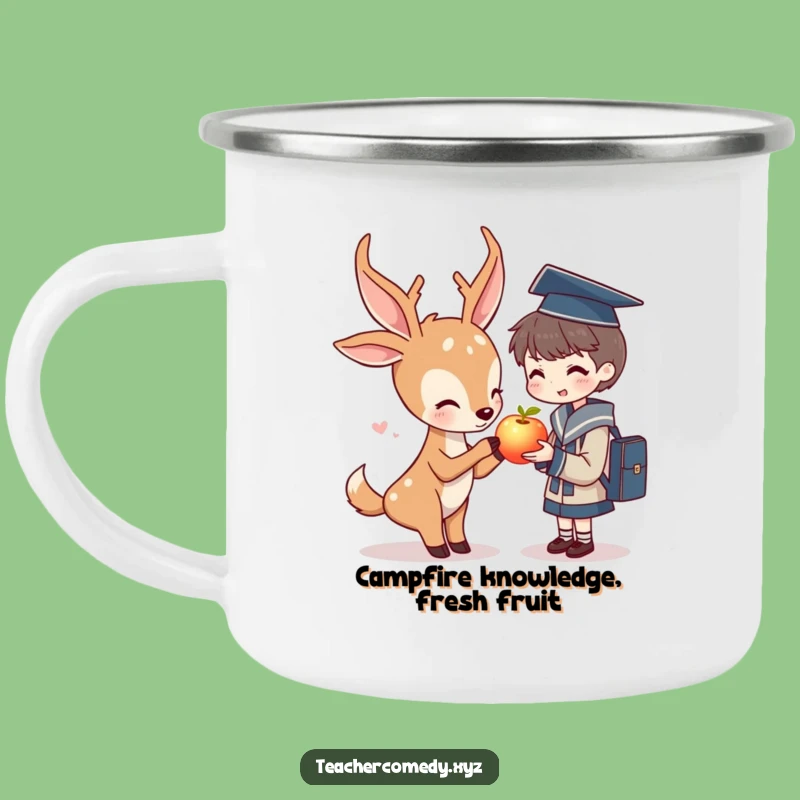 Funny Deer & Student Camping Mug: Glowing Apple Adventure Fuel.