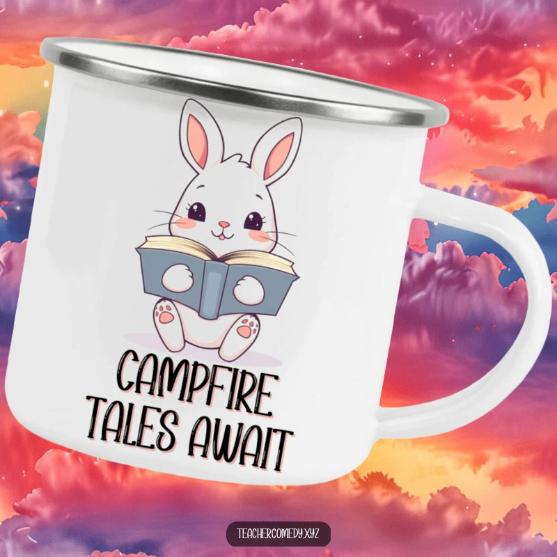 Funny kawaii rabbit holding a stack of open books, a perfect literary and humorous camping mug for outdoor readers.