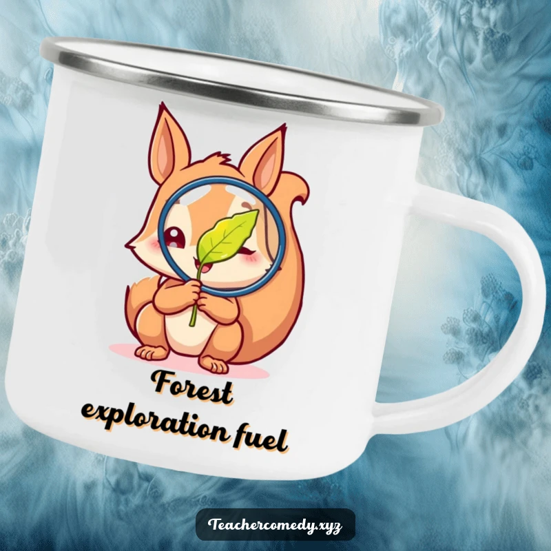 Funny camping mug featuring a curious squirrel examining a magnified leaf with glee, perfect for outdoor explorers and nature lovers.