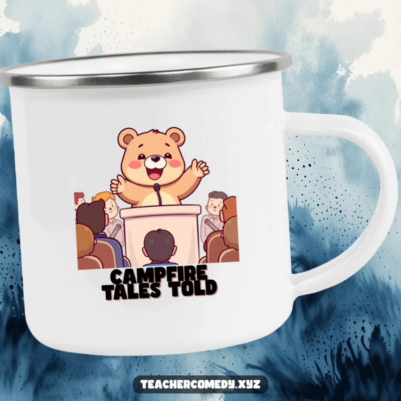 Funny camping mug with a happy bear enthusiastically gesturing at a podium, for humorous outdoor speeches.