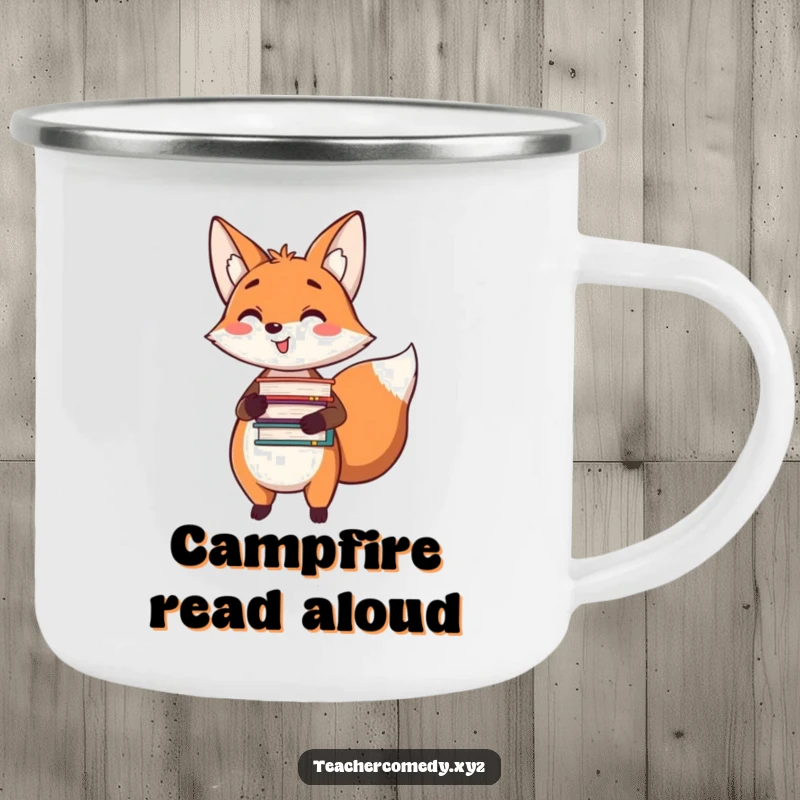 Funny camping mug showing a happy fox holding a stack of books and pointing, designed for durable outdoor reading sessions.