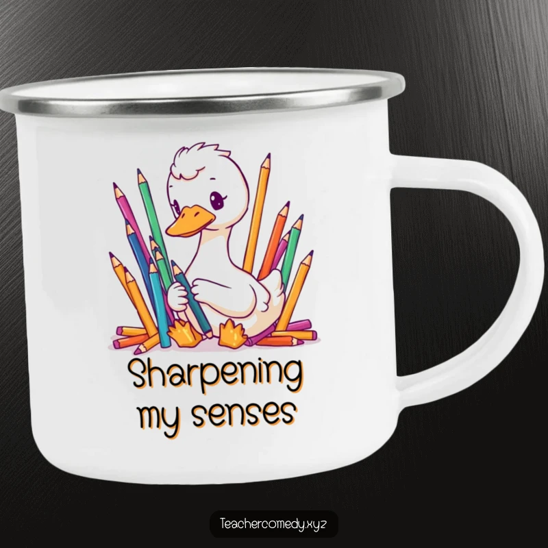 Funny camping mug with a focused goose meticulously organizing colorful pencils, great for humorous outdoor organization.