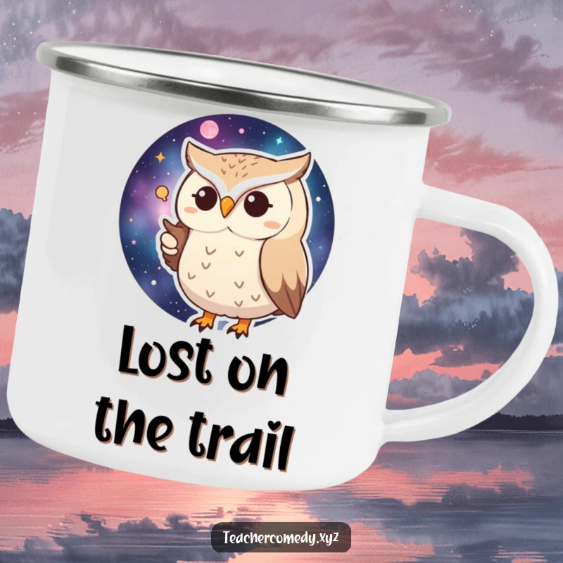 Funny Huffy Owl Camping Mug: A grumpy owl points at a galaxy map, perfect for outdoor humor.
