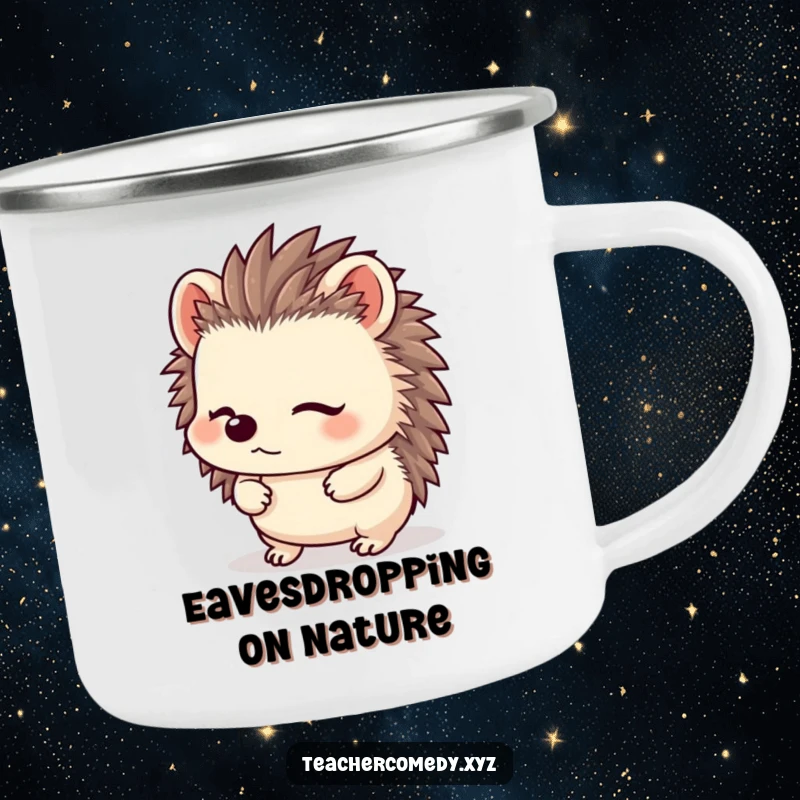 Funny Kawaii Hedgehog Camping Mug: A content hedgehog listens intently, perfect for enjoying drinks during funny outdoor adventures.
