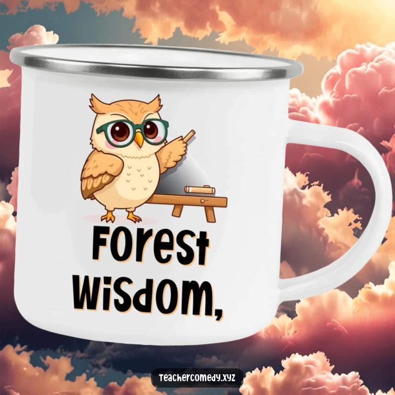 Funny kawaii owl with glasses pointing to a chalkboard on a durable camping mug, perfect for adding wisdom to outdoor drinks.