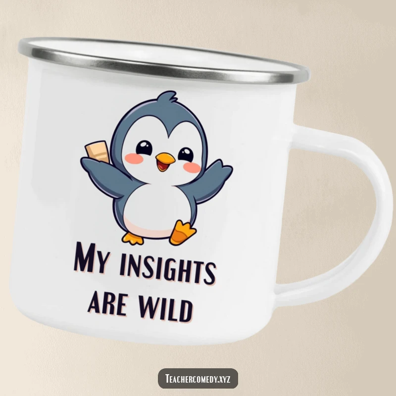 Funny Kawaii Penguin Camping Mug: A delighted penguin presents a project with a flourish during an outdoor adventure, ready for any funny escapade.