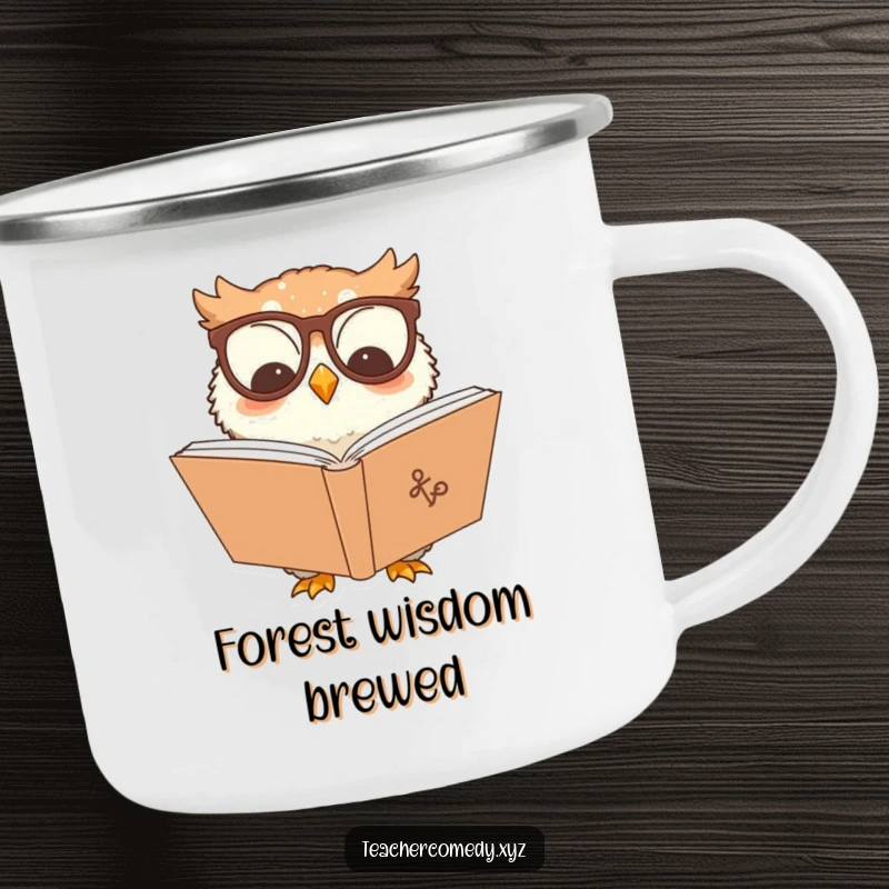 Funny owl character camping mug, a wise owl with glasses reading a book, ideal for enjoying drinks outdoors.