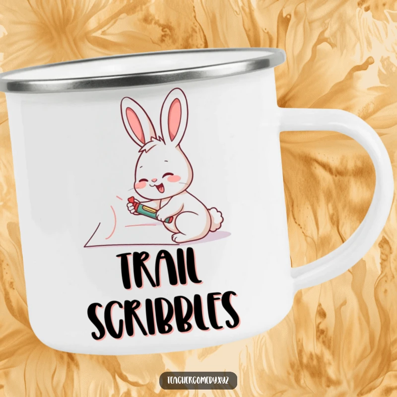 Funny rabbit artist camping mug, showing a giggling rabbit drawing on a giant piece of paper with a crayon, for outdoor inspiration.