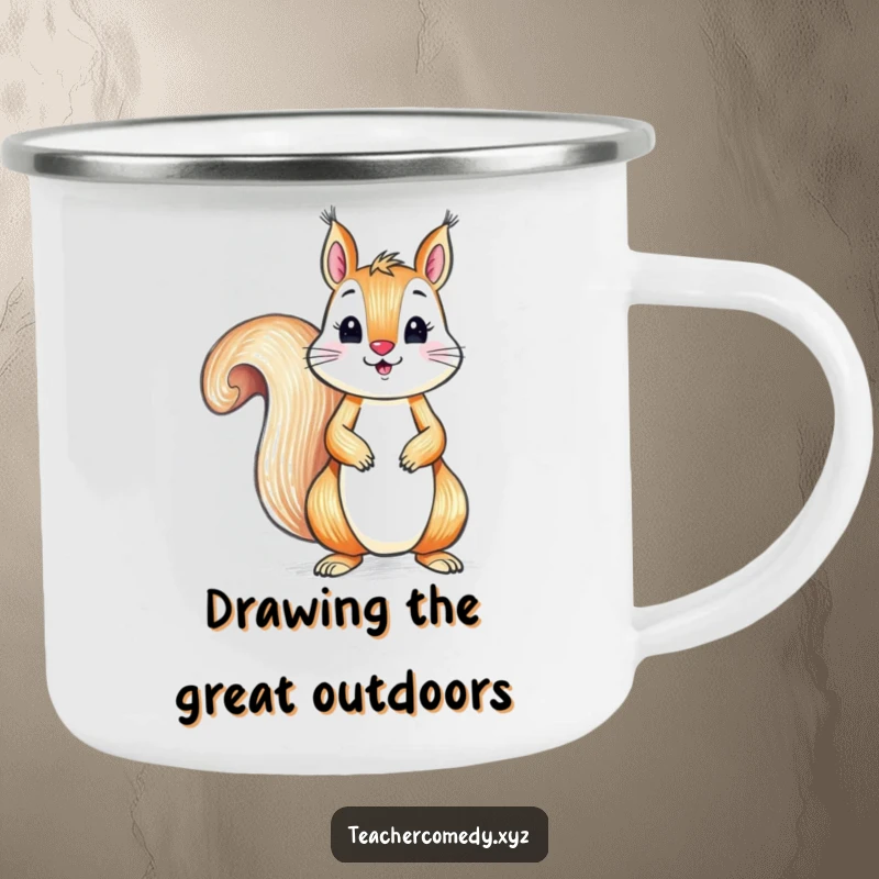 Funny camping mug with a playful squirrel drawing with a crayon on a large paper, great for humorous outdoor creative sessions.