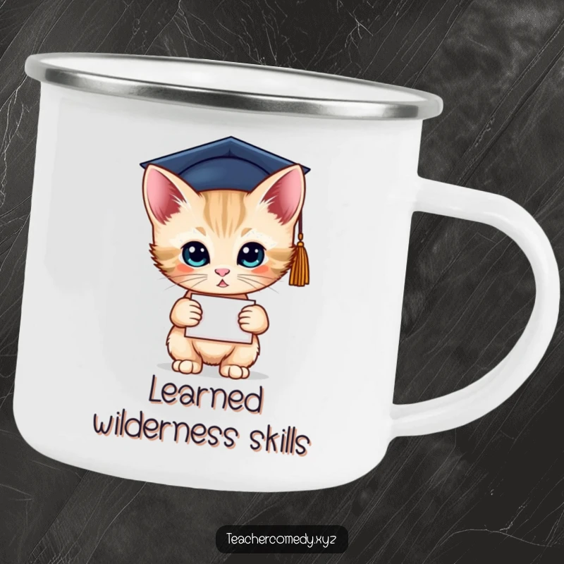 Funny camping mug depicting a graduate kitten with a diploma, perfect for outdoor celebrations and warmth.