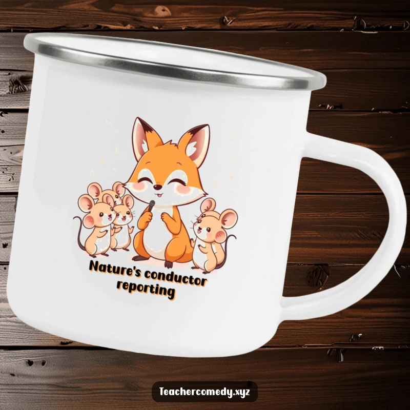 Funny camping mug showing a clever fox conducting a choir of tiny, musical mice, perfect for outdoor fun.