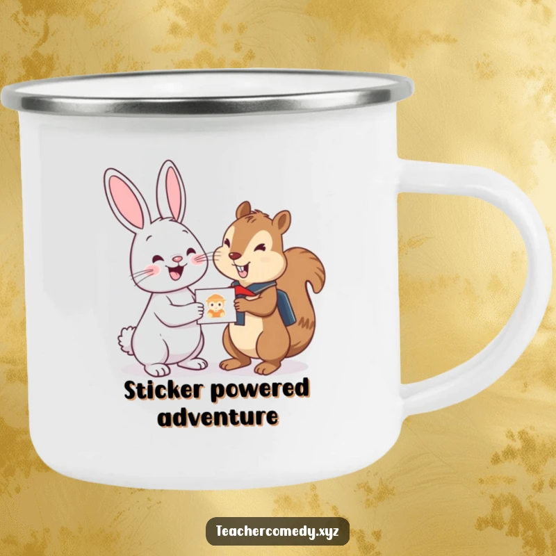 Funny camping mug with a cheerful bunny giving a sticker to a studious squirrel, ideal for outdoor adventures and enjoying beverages.