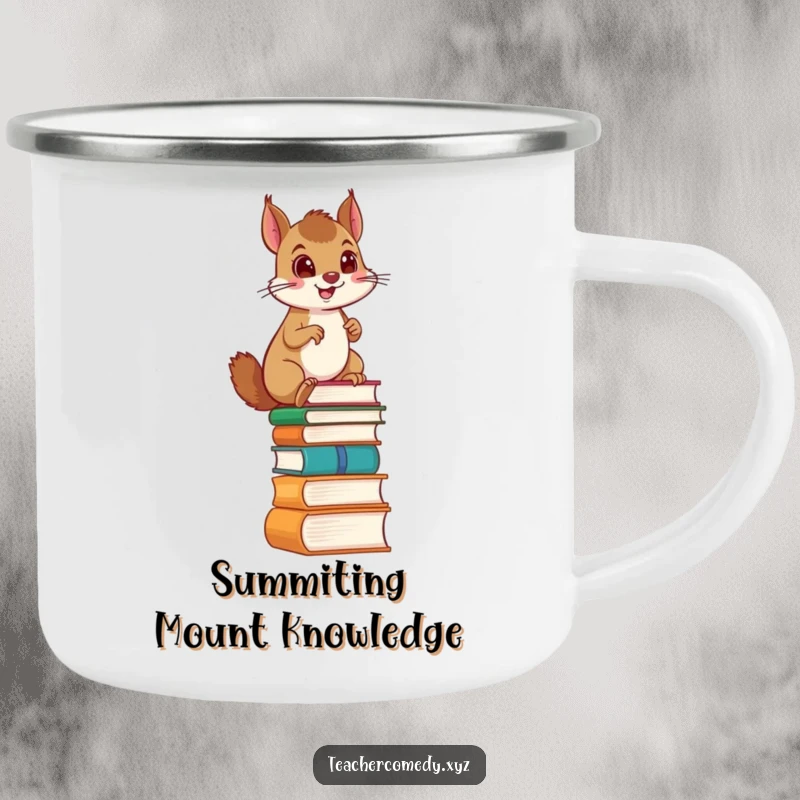 Funny camping mug featuring a proud squirrel climbing a ladder made of books, perfect for enjoying a warm drink amidst nature.