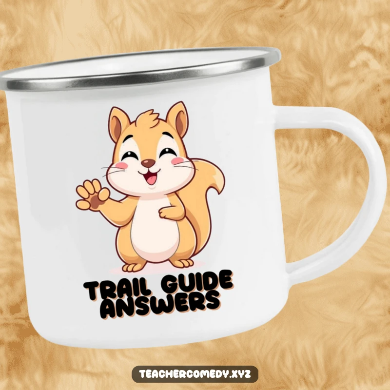 Funny kawaii squirrel raising its paw to answer, a perfect blend of intelligence and humor for a durable camping mug.