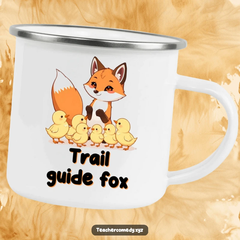 Funny camping mug with a playful fox teaching eager chicks, ideal for outdoor adventures and enjoying beverages with a humorous theme.