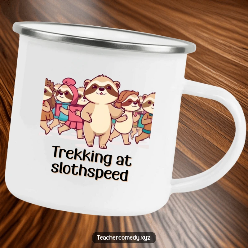 Funny Sloth Camping Mug: A serene sloth leads a class in a slow march, a sturdy and cute mug for enjoying beverages during patient exploration.