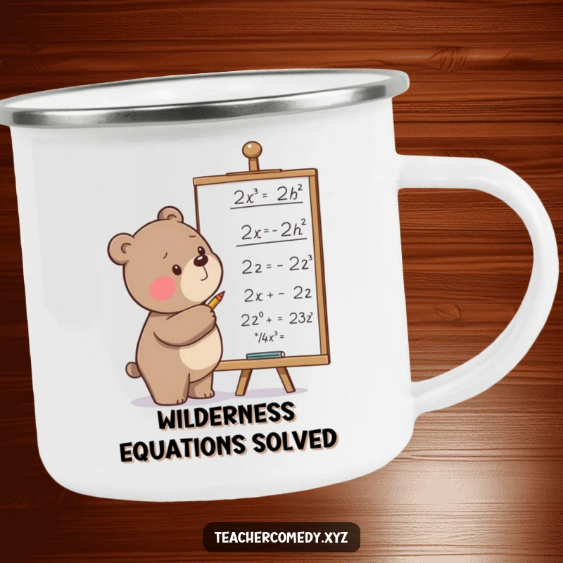 Funny camping mug with a determined bear scribbling equations on a whiteboard, ideal for outdoor adventures and enjoying beverages with a humorous theme.