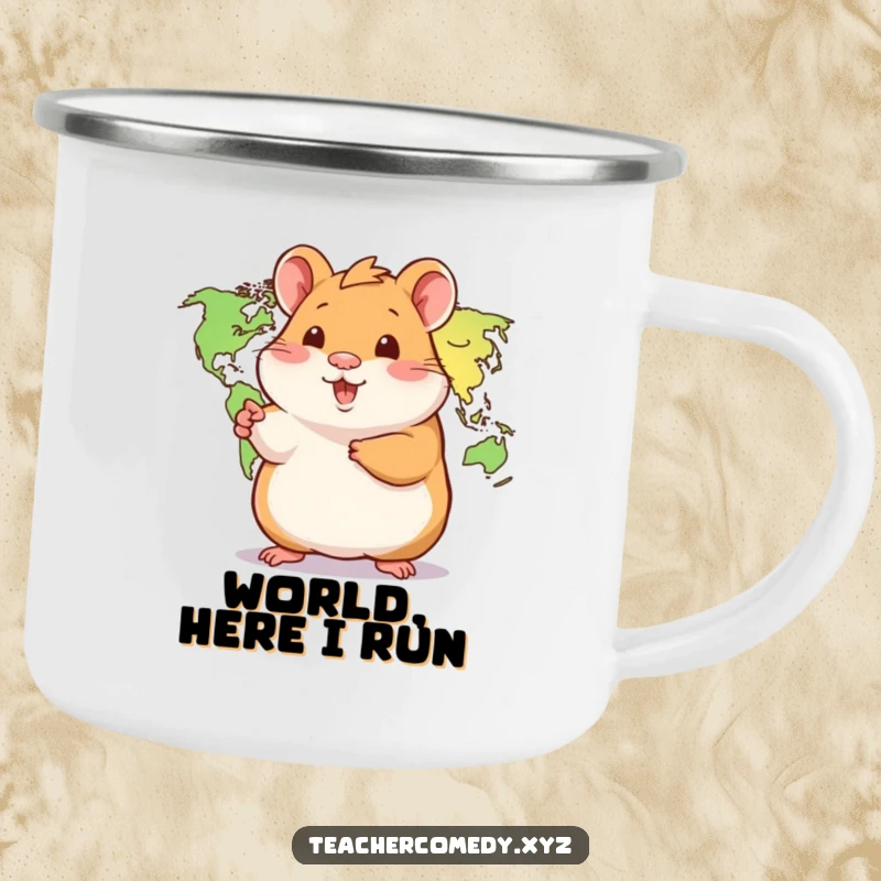 Funny Hamster Camping Mug: A playful hamster points to a world map, a sturdy and cute mug for enjoying beverages in the great outdoors.