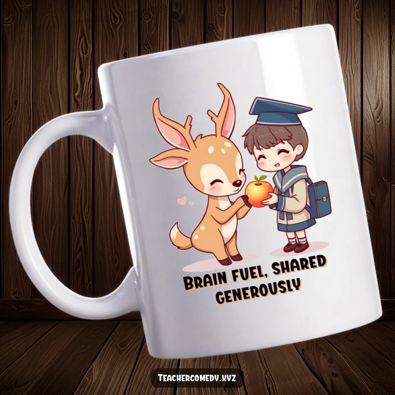 Funny mug showing a gentle deer character with a glowing apple, offering it to a smiling student, symbolizing knowledge and kindness.