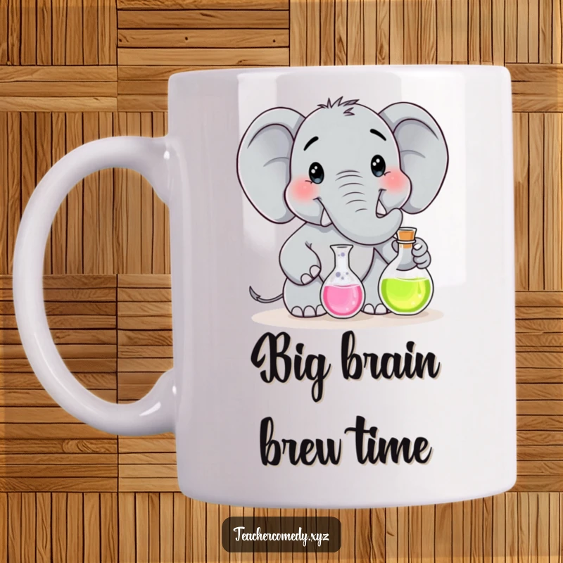 Funny mug with a smiling elephant character in a lab coat, demonstrating a science experiment with a flask.