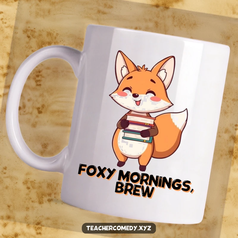 Funny mug featuring a happy fox holding a stack of books and pointing, perfect for readers and literature enthusiasts.