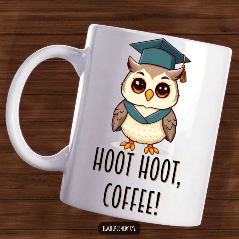 Funny mug featuring a cheerful owl wearing a tiny graduation cap and gown, symbolizing academic success and wisdom.