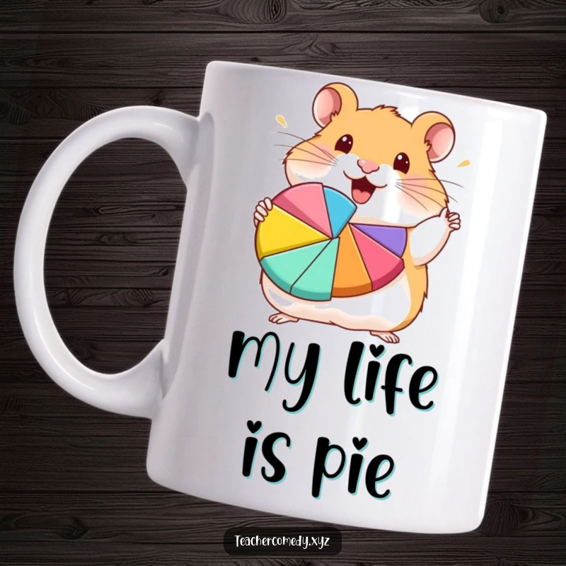 Funny hamster character enthusiastically presenting a colorful pie chart, perfect for a funny mug.