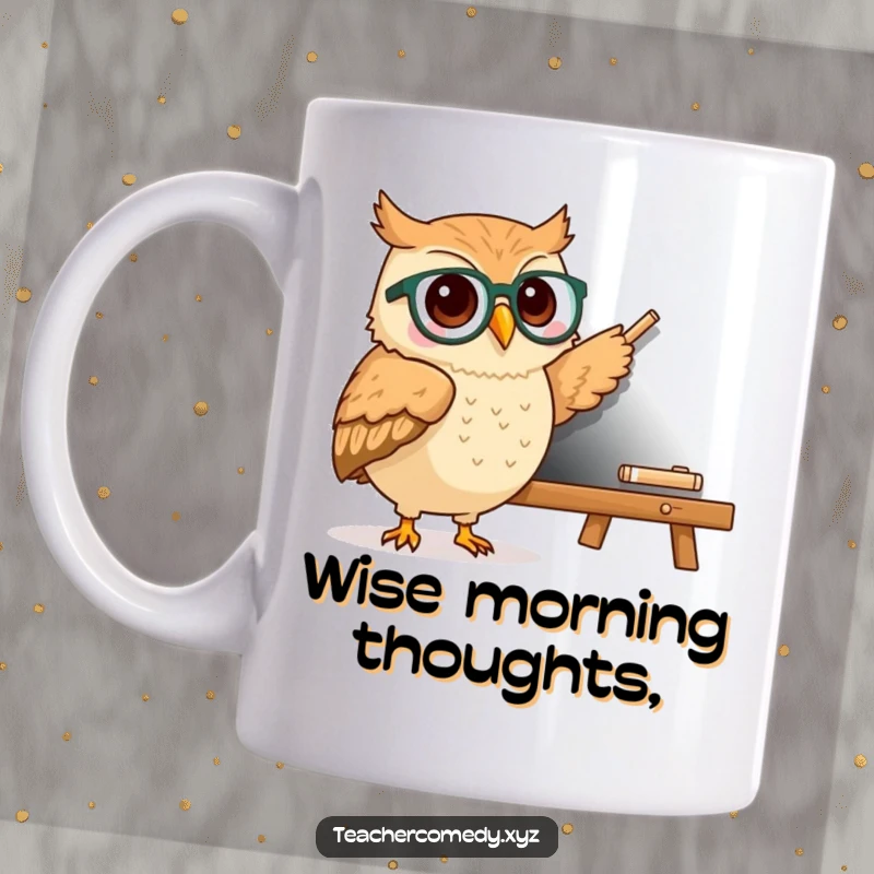 Funny kawaii owl wearing tiny spectacles, pointing to a chalkboard, intelligent and humorous mug for book lovers.
